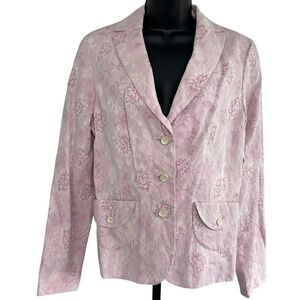 Ann Taylor Linen Blend Blazer Sz‎ 8 Purple Pink Floral Dopamine Dressing Office